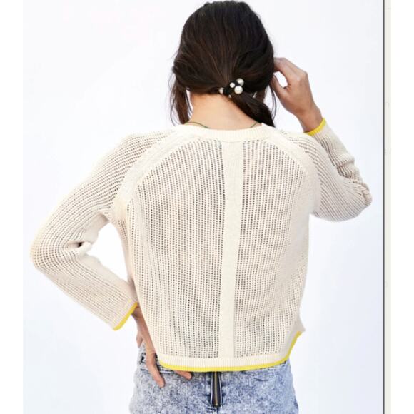 Clare V Sweater Raglan Open Weave Knit 100% Cotton Cream Neon Size Large L - Picture 9 of 9